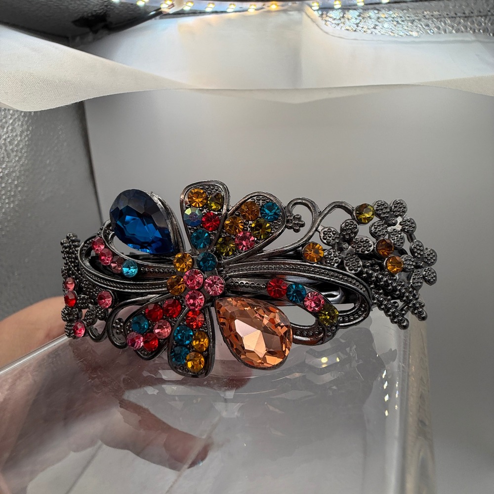 Multicolor Rhinestone Floral Barrette Large Jeweled Hair Clip Gunmetal 4" - Picture 8 of 9
